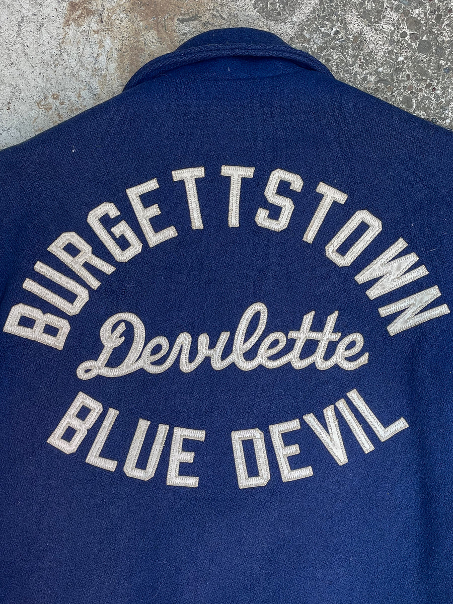 1970s Burgettstown Blue Devil” Wool Varsity Jacket Damaged Glitter