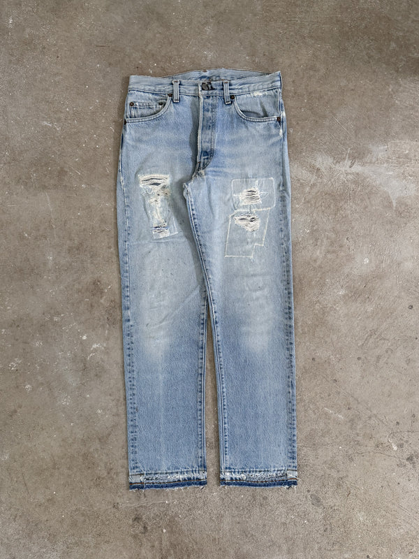 1980s Levis Repaired Faded Blue 501 Released Hem (28X30)