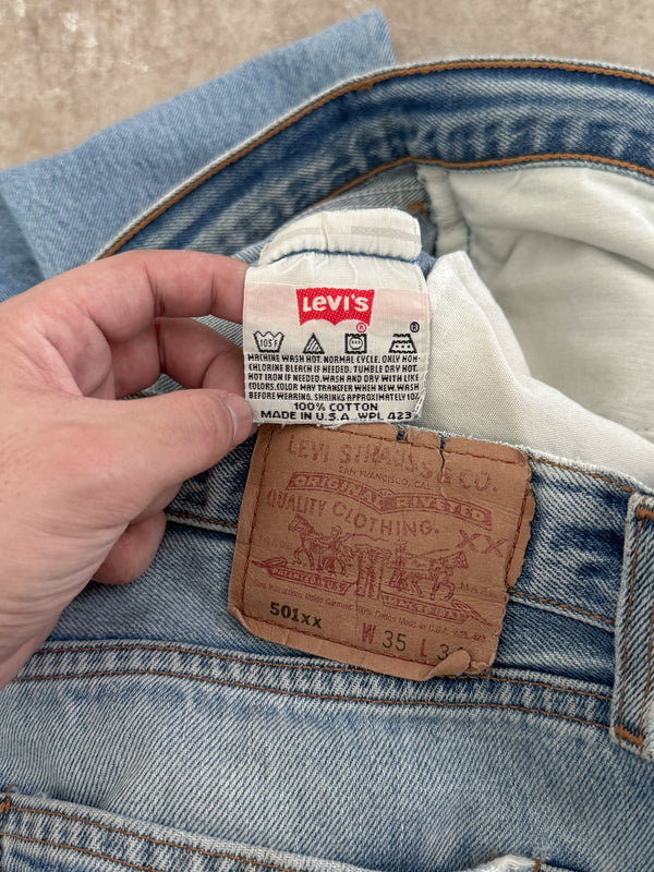 Early 00s Levis Repaired Faded Blue 501 Released Hem (32X31)