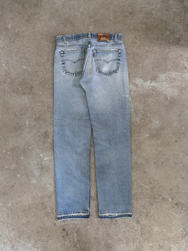 1990s Levis Distressed Faded Blue 501 Released Hem (30X32)