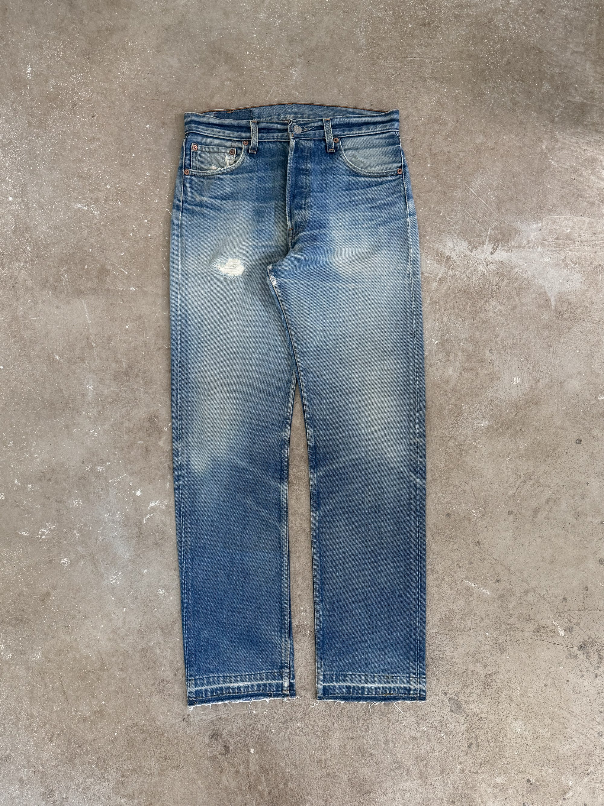 1990s Levis Repaired Faded Blue 501 Released Hem (30X32)