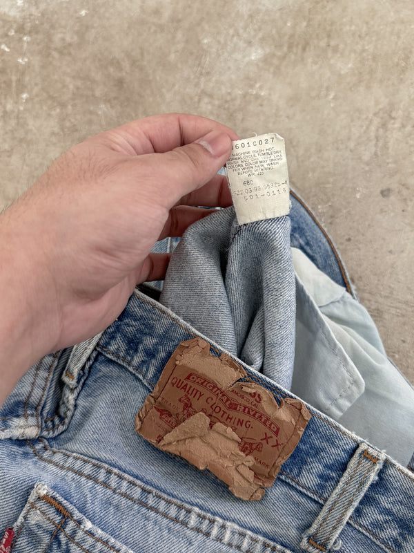 1990s Levis Distressed Faded Blue 501 Released Hem (30X32)