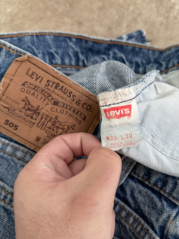 1990s Orange Tab Levis Faded Blue 505 Released Hem (33X29)