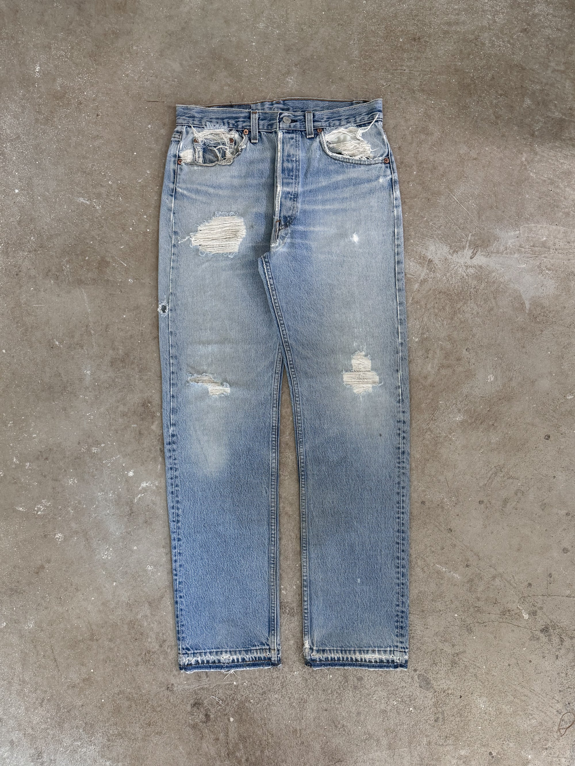 1990s Levis Distressed Faded Blue 501 Released Hem (30X32)