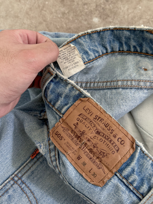 1990s Orange Tab Levis Faded Blue 505 Released Hem (36X30)