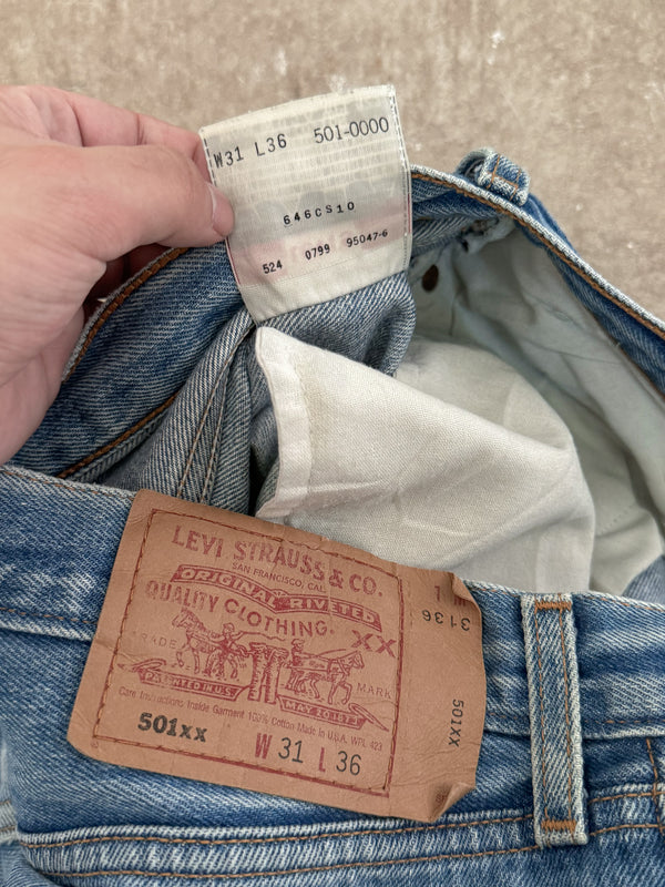 1990s Levis Repaired Faded Blue 501 Released Hem (30X32)