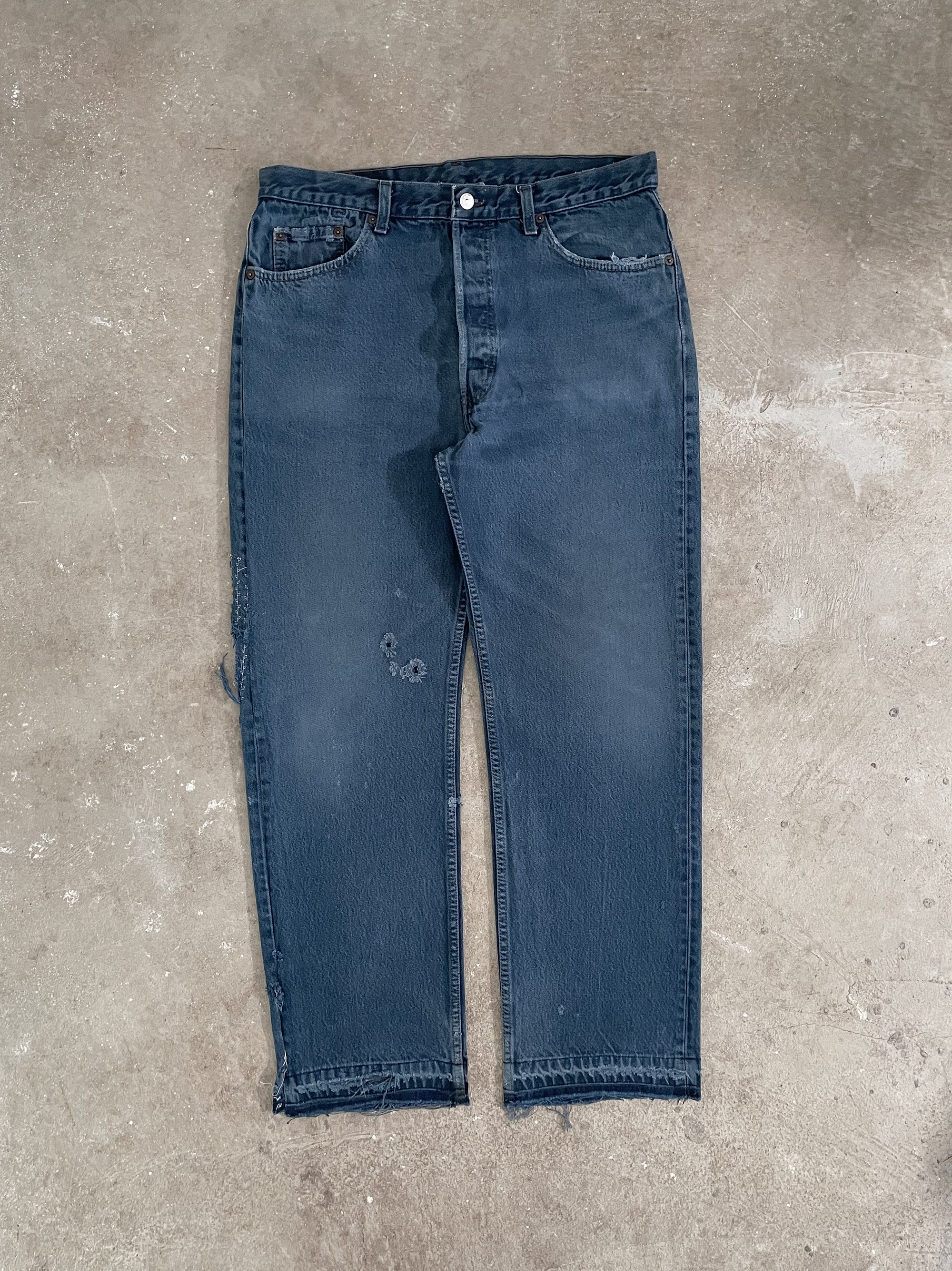 1990s Levi’s Repaired Blue Overdye 501 Released Hem (35X30)