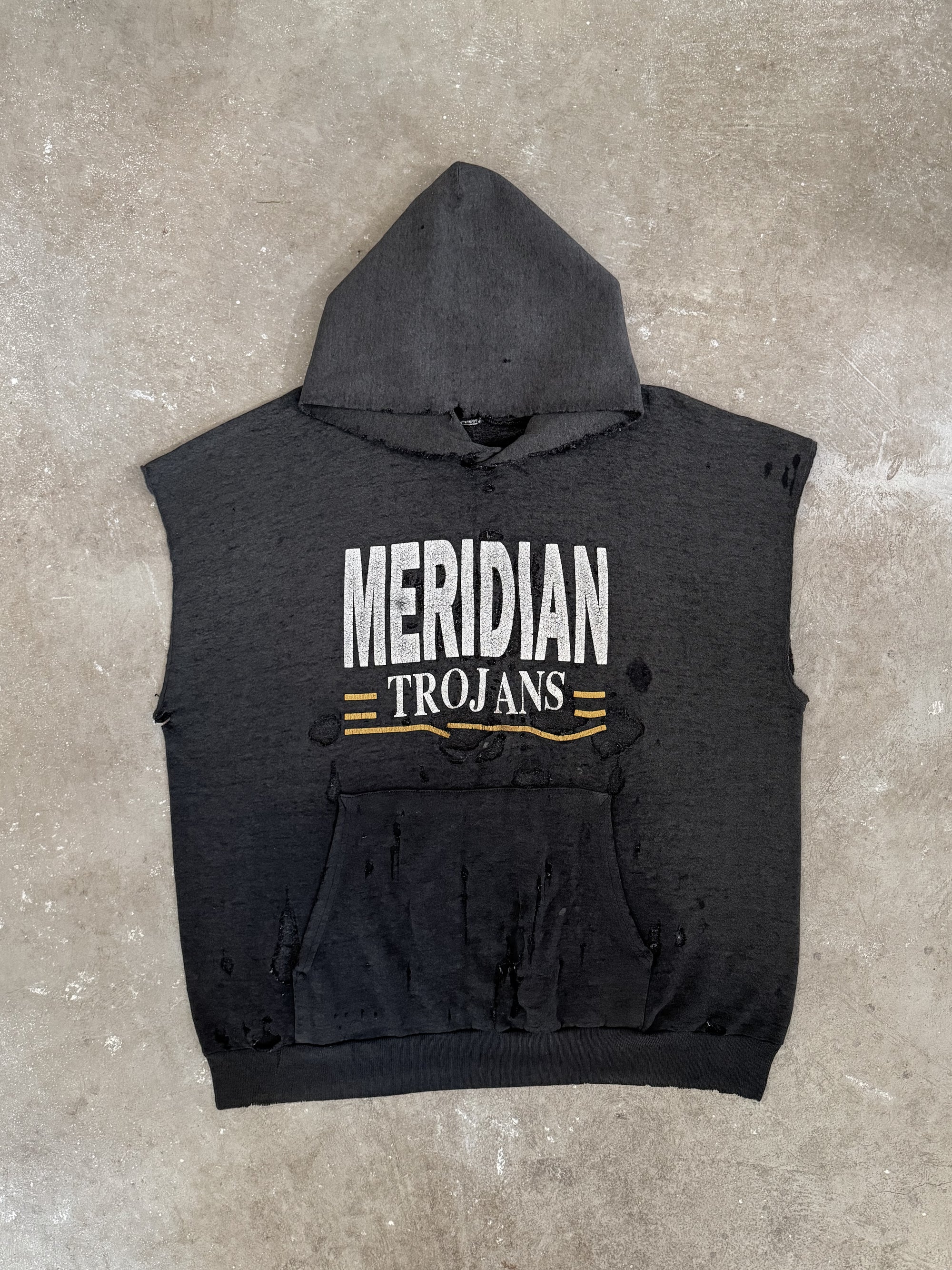 1990s "Meridian Trojans" Thrashed Cut-Off Hoodie (XL)