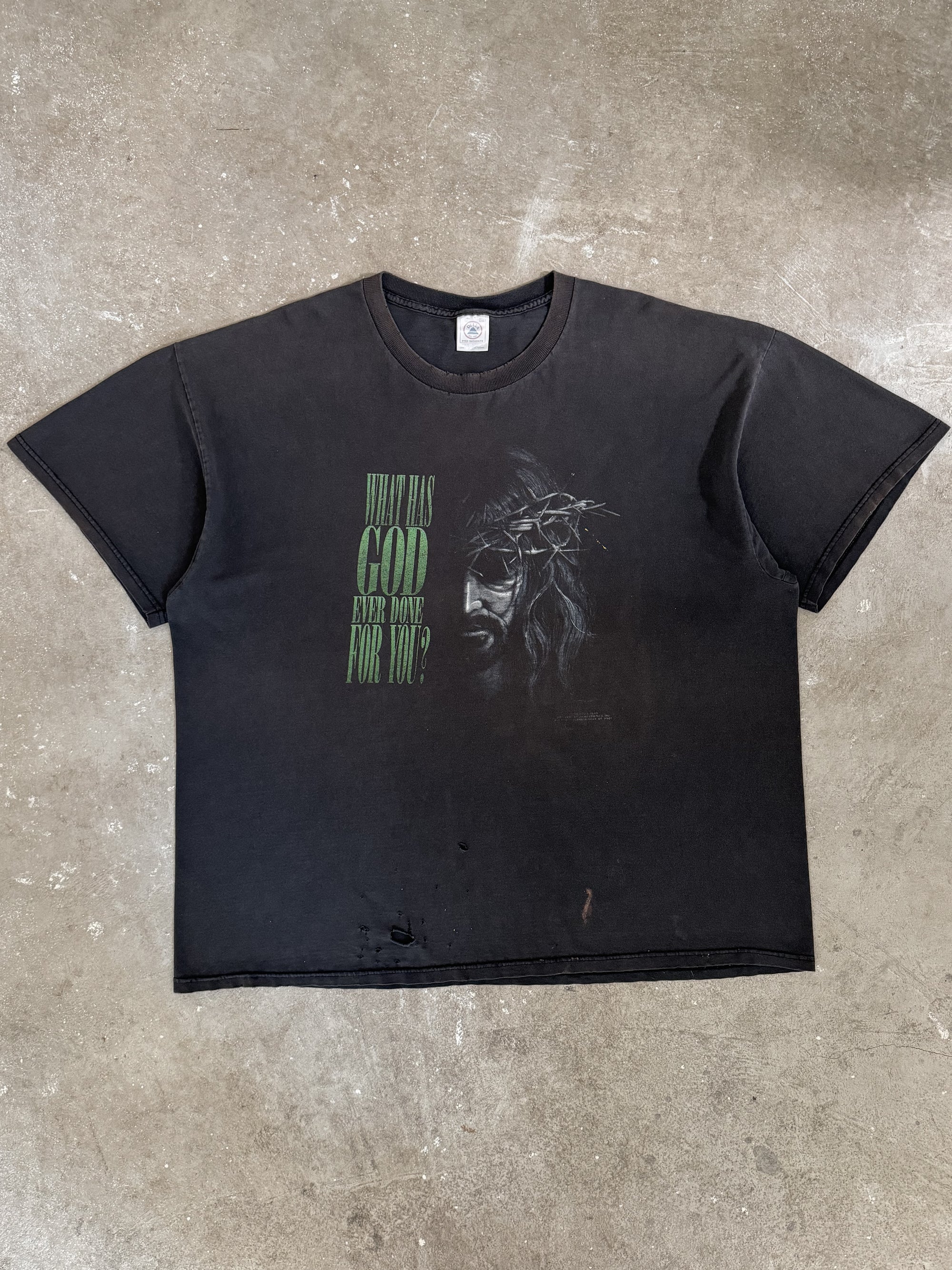 1990s "What Has God Ever Done For You?" Distressed Tee (XXL)