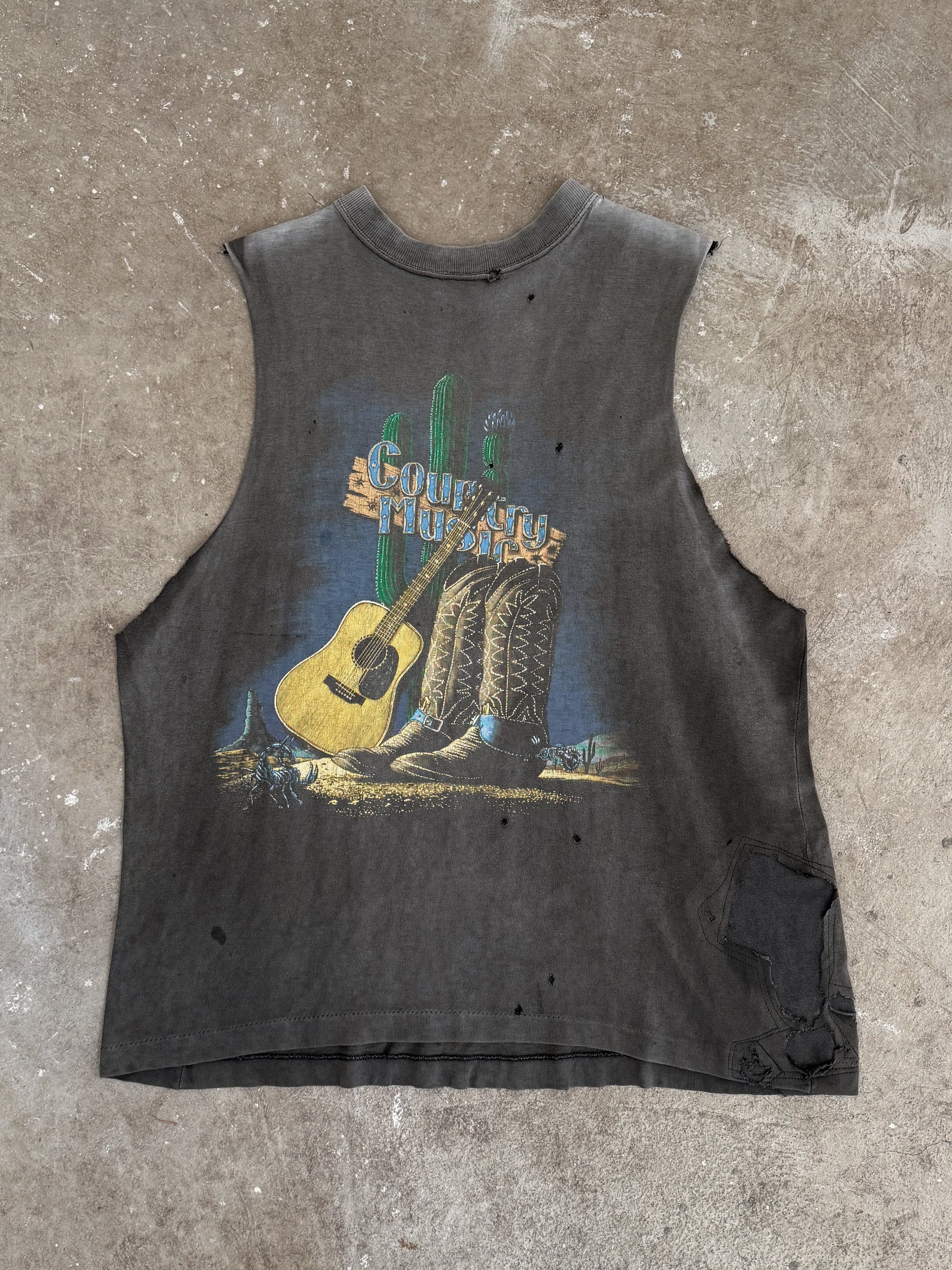 Mid 90s "Country Music" Faded Repaired Cut-Off Tee (M)