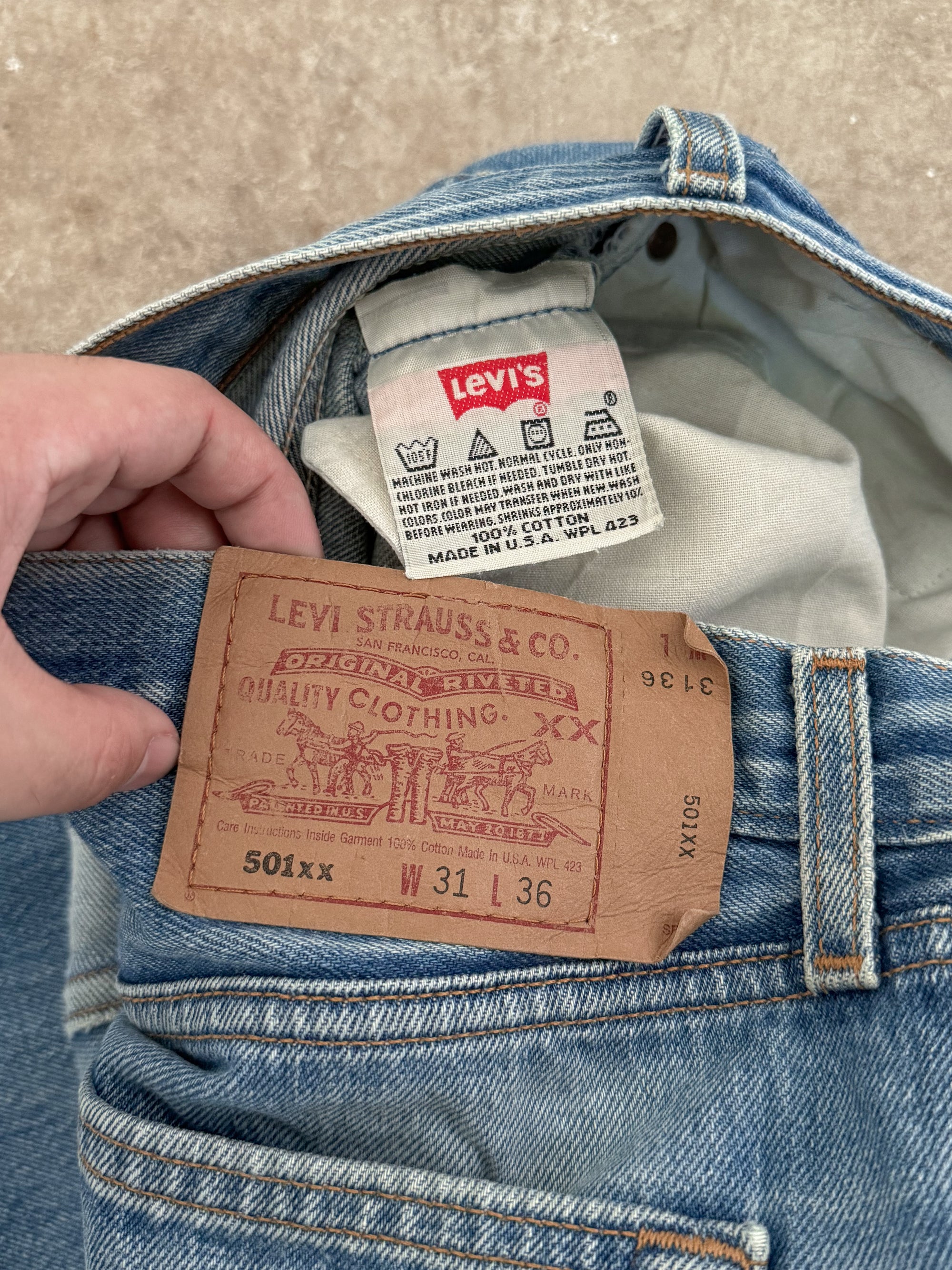 1990s Levis Repaired Faded Blue 501 Released Hem (30X32)