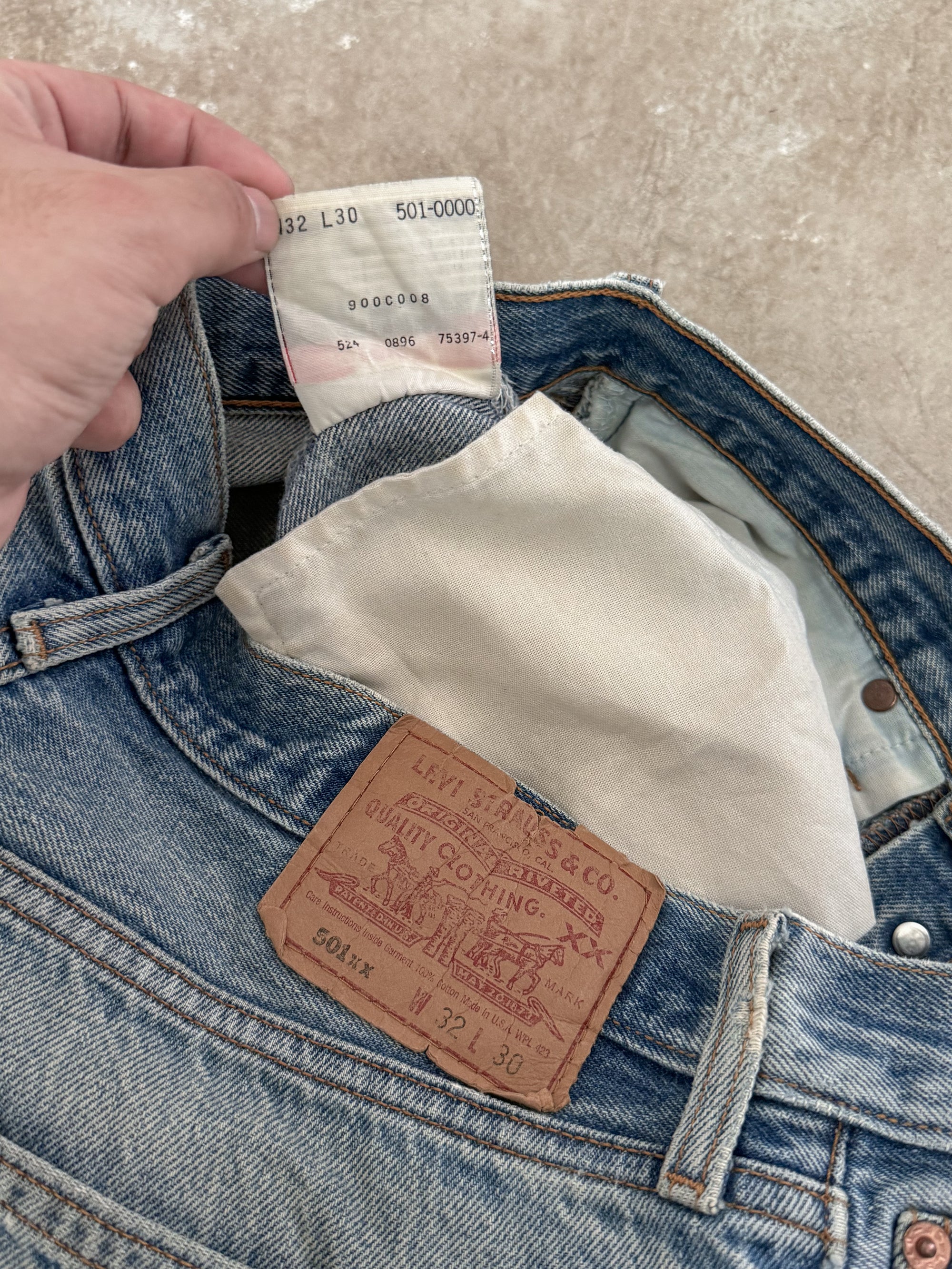 1990s Levis Repaired Faded Blue 501 Released Hem (29X27)