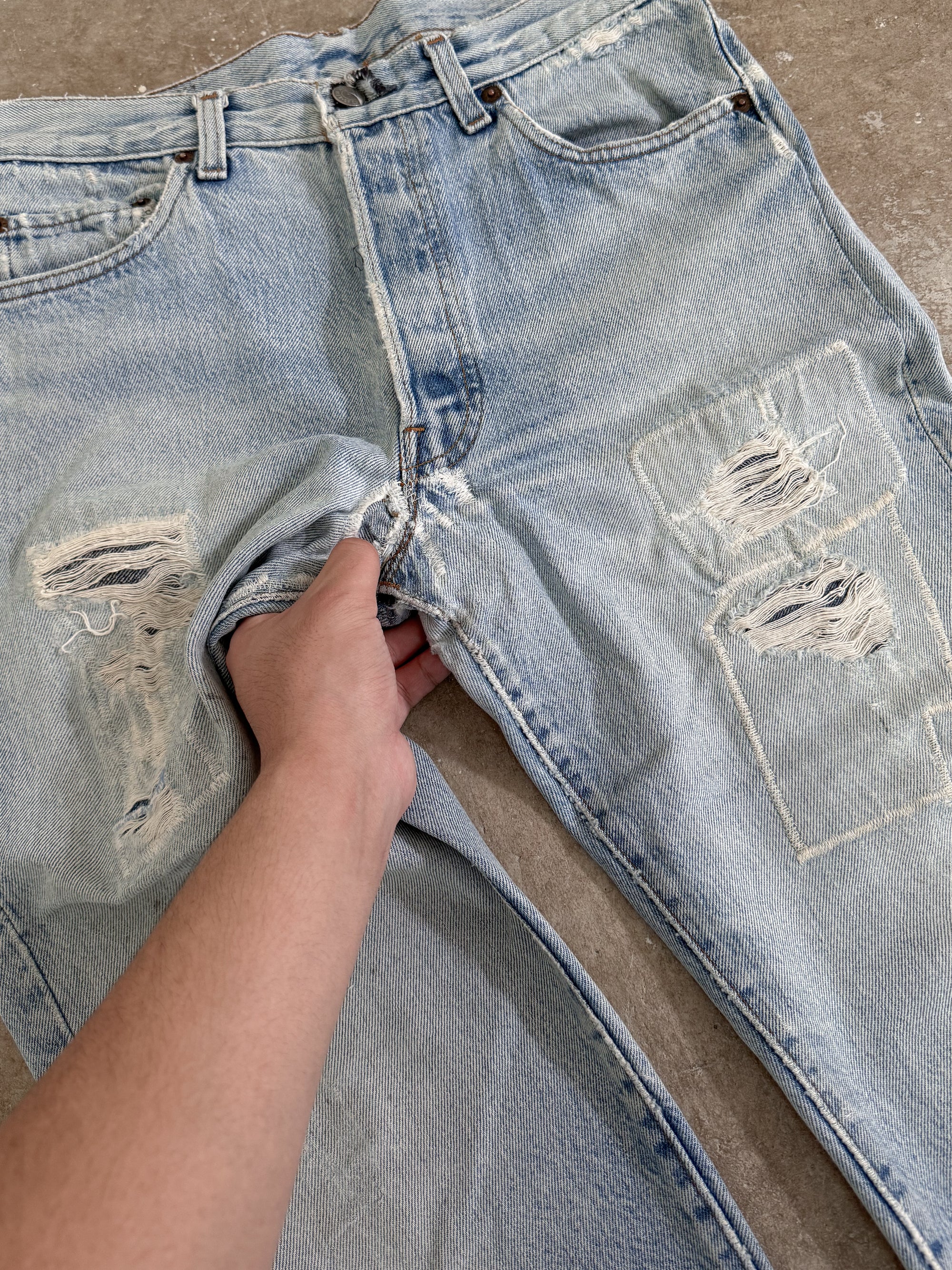 1980s Levis Repaired Faded Blue 501 Released Hem (28X30)