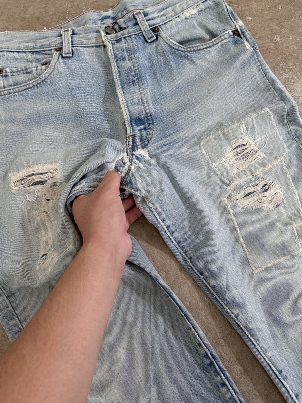 1980s Levis Repaired Faded Blue 501 Released Hem (28X30)