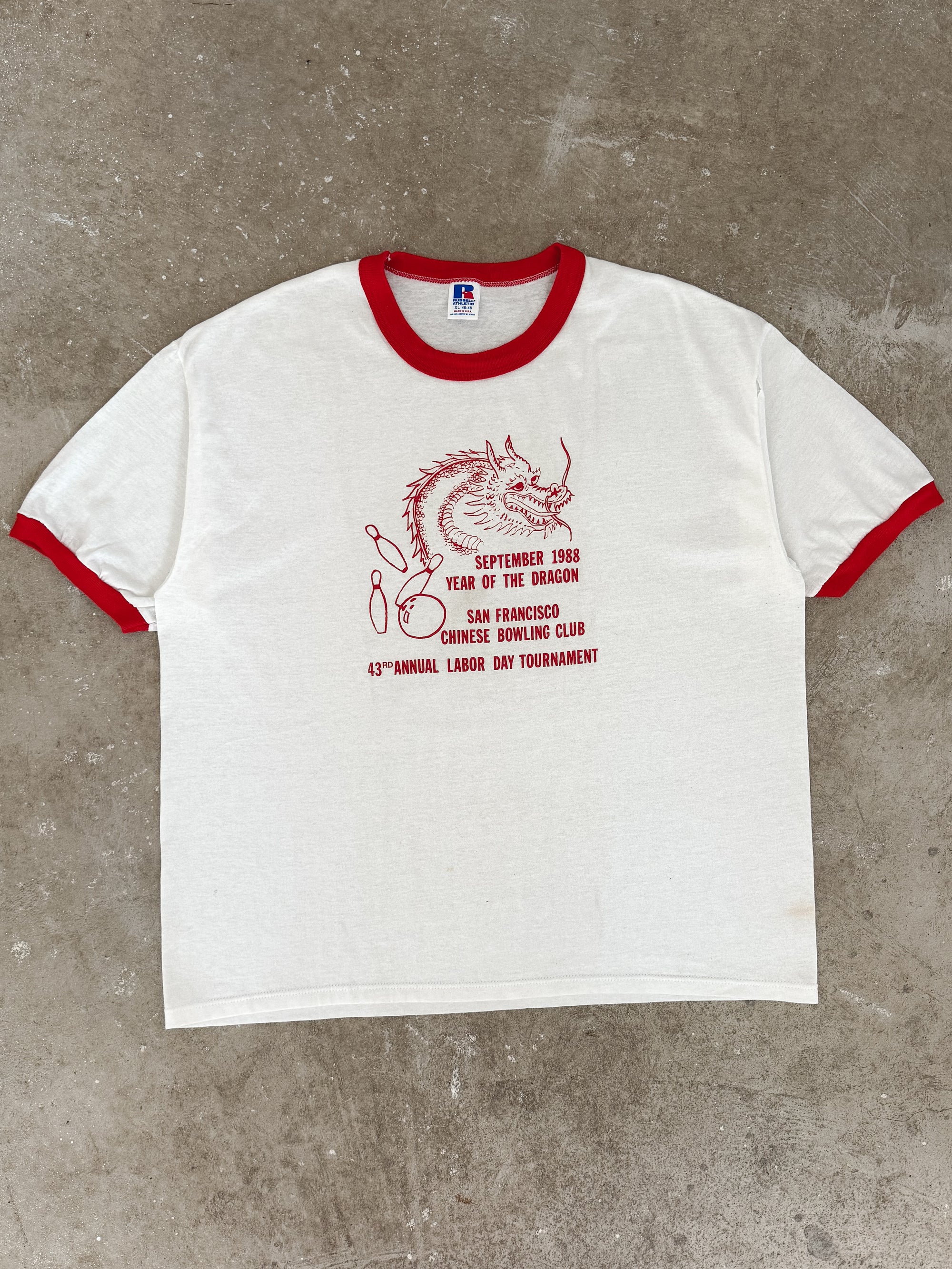 1980s Russell "Chinese Bowling Club" Ringer Tee (L/XL)
