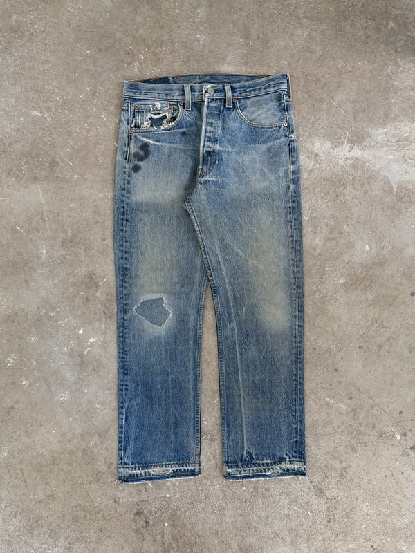 1990s Levis Repaired Faded Blue 501 Released Hem (29X27)