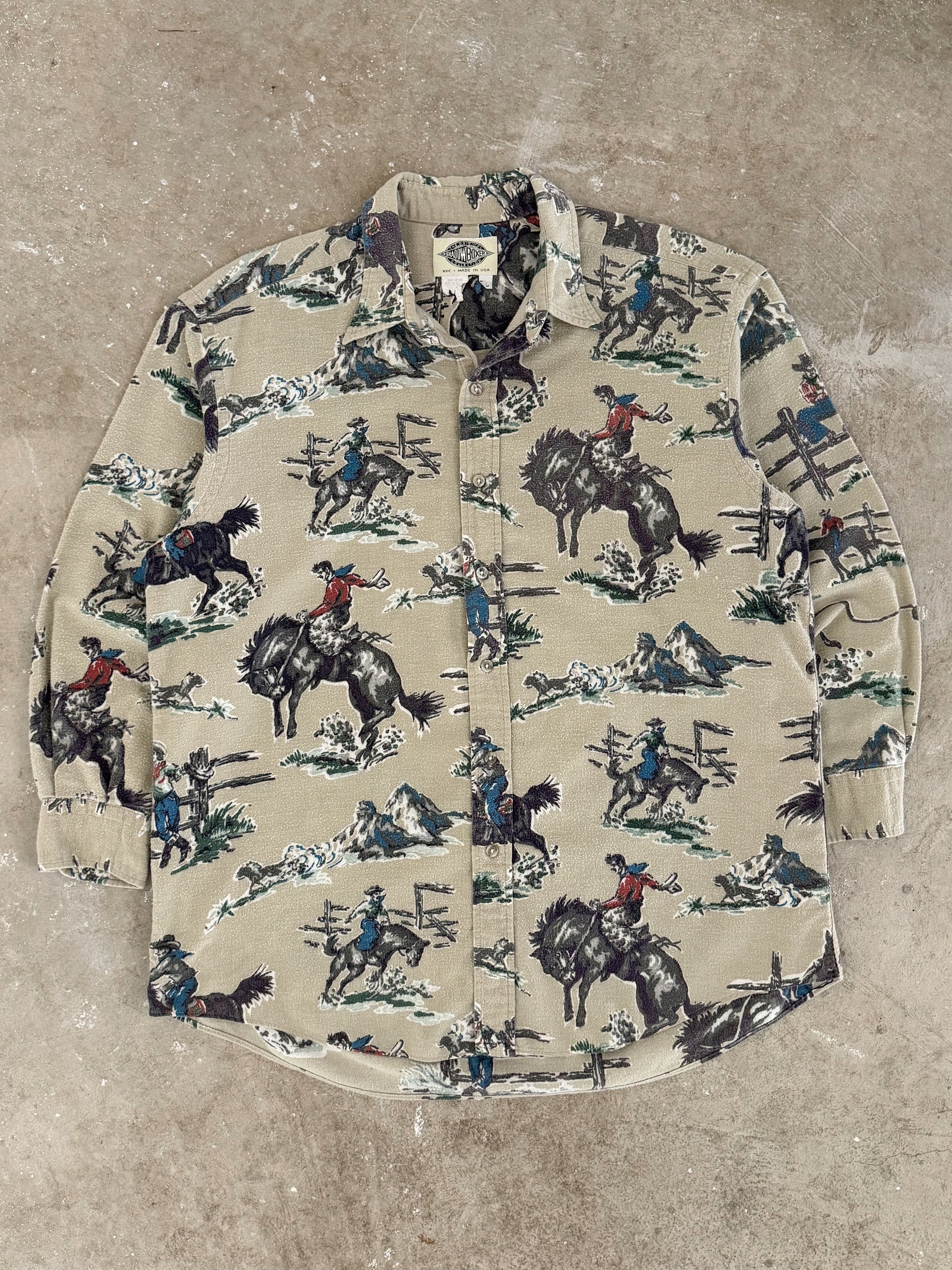1990s Shadow Boxer Cowboy Print Button Up Shirt (L)