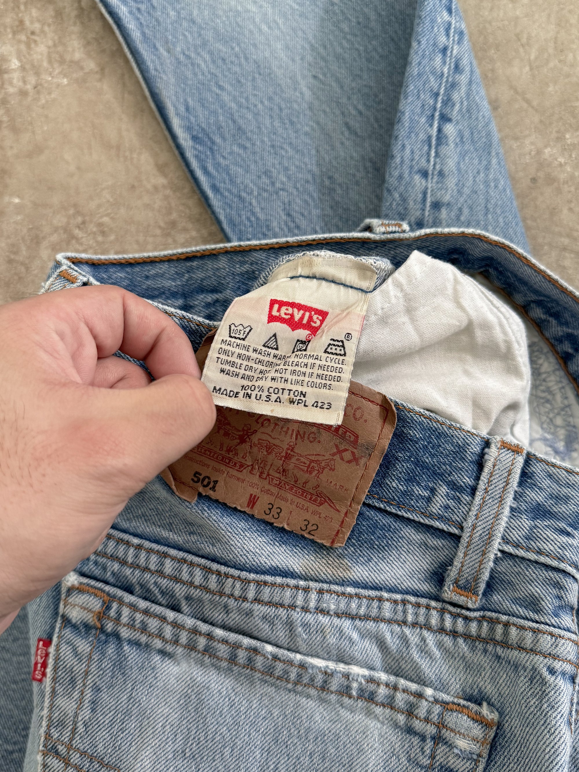 1990s Levis Repaired Faded Blue 501 Released Hem (31X31)