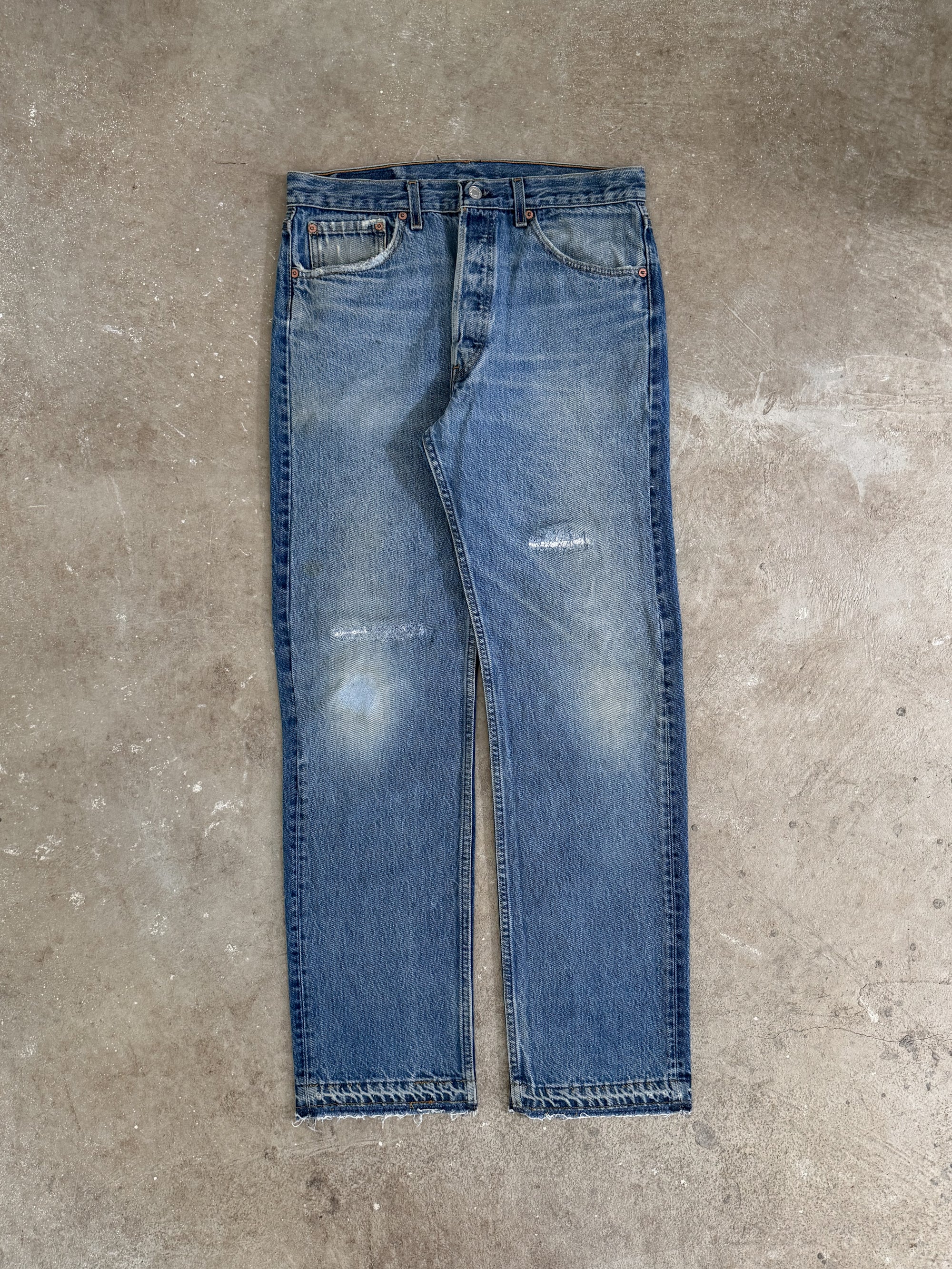 1990s Levis Repaired Faded Blue 501 Released Hem (32X31)