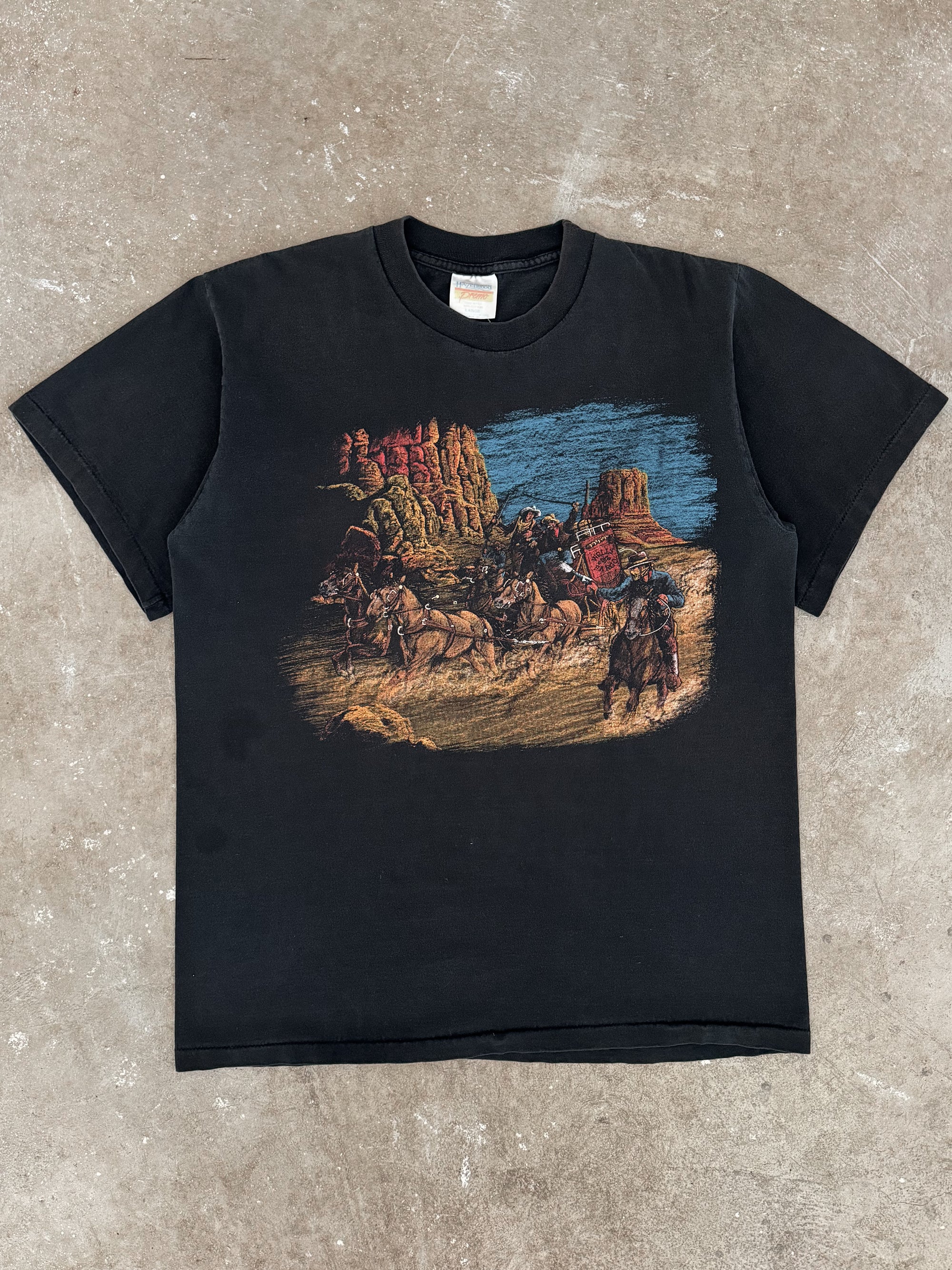 1990s "Stagecoach Robbery Cowboy Art" Tee (L)
