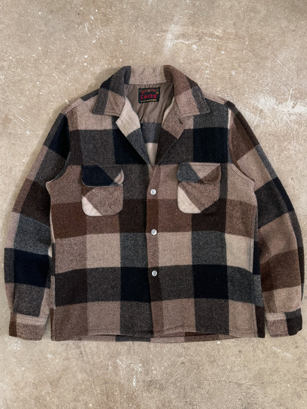 1960s Envoy Brown Wool Buffalo Plaid Flannel (S/M)