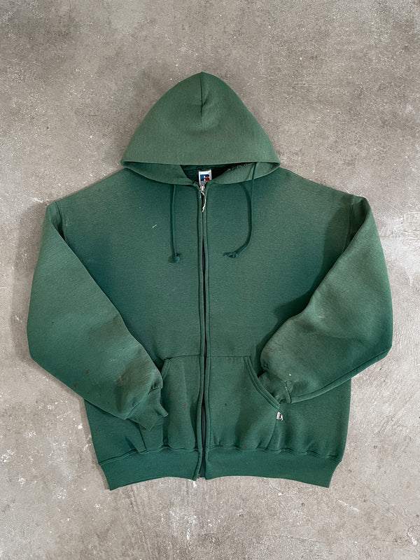 1990s Russell Sun Faded Green Zip Up Hoodie (XL)