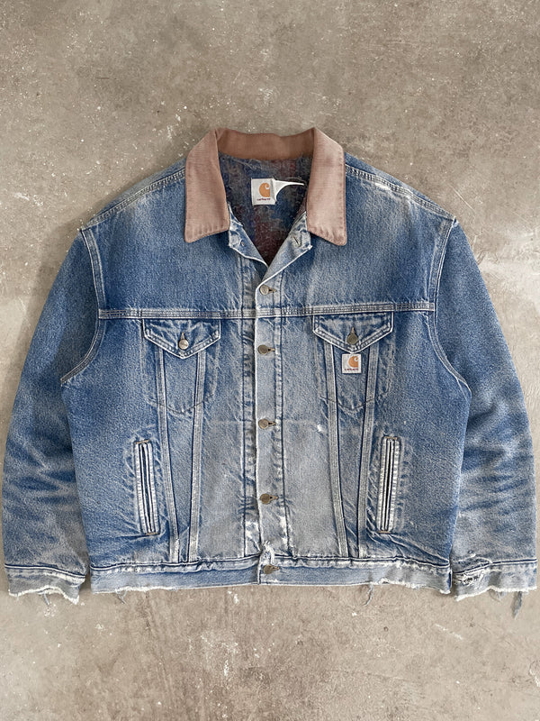 1990s Carhartt Faded Corduroy Collar Lined Denim Trucker Jacket (XL)