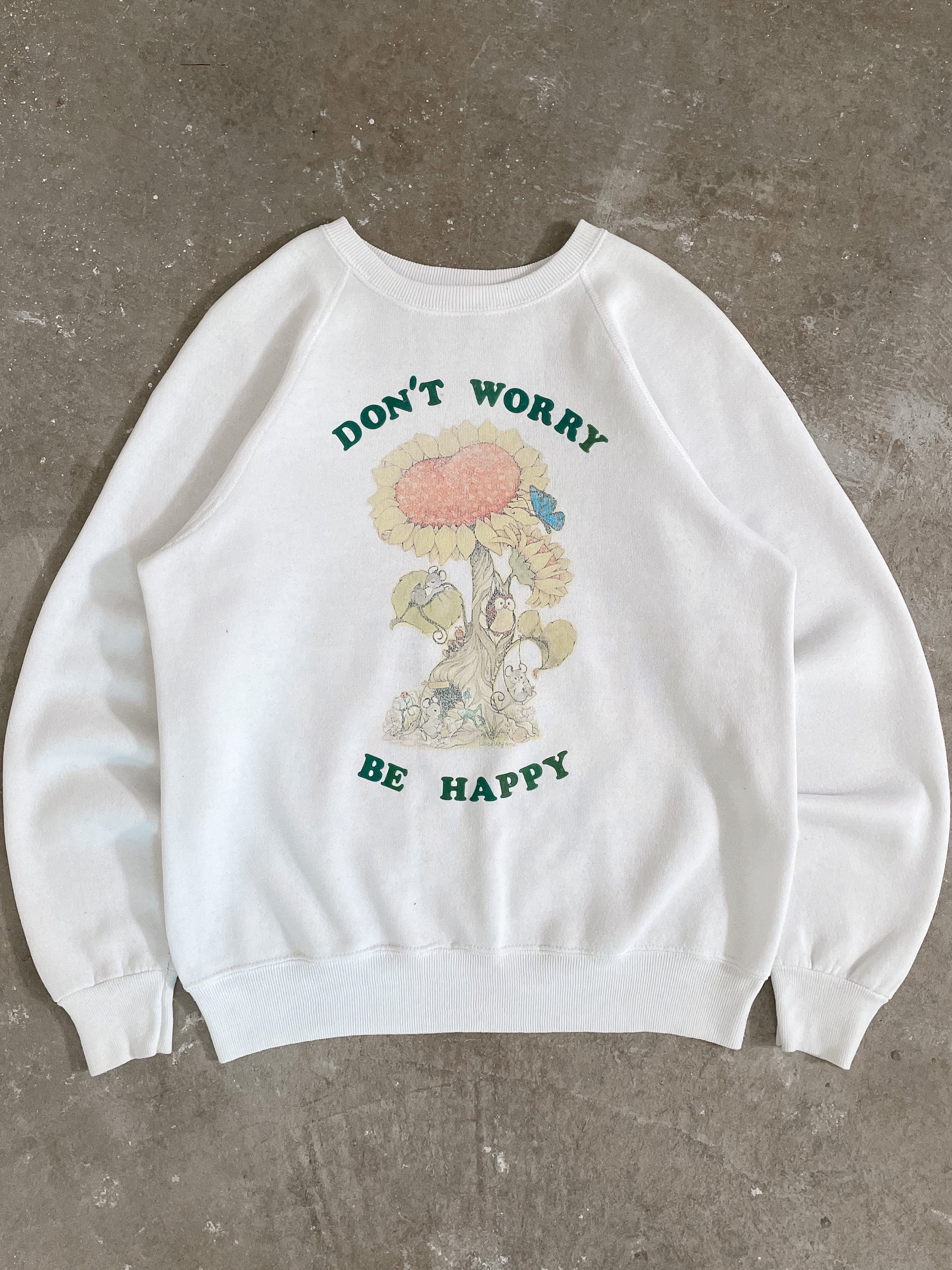 1980s/90s “Don’t Worry Be Happy” Raglan Sweatshirt (S/M)