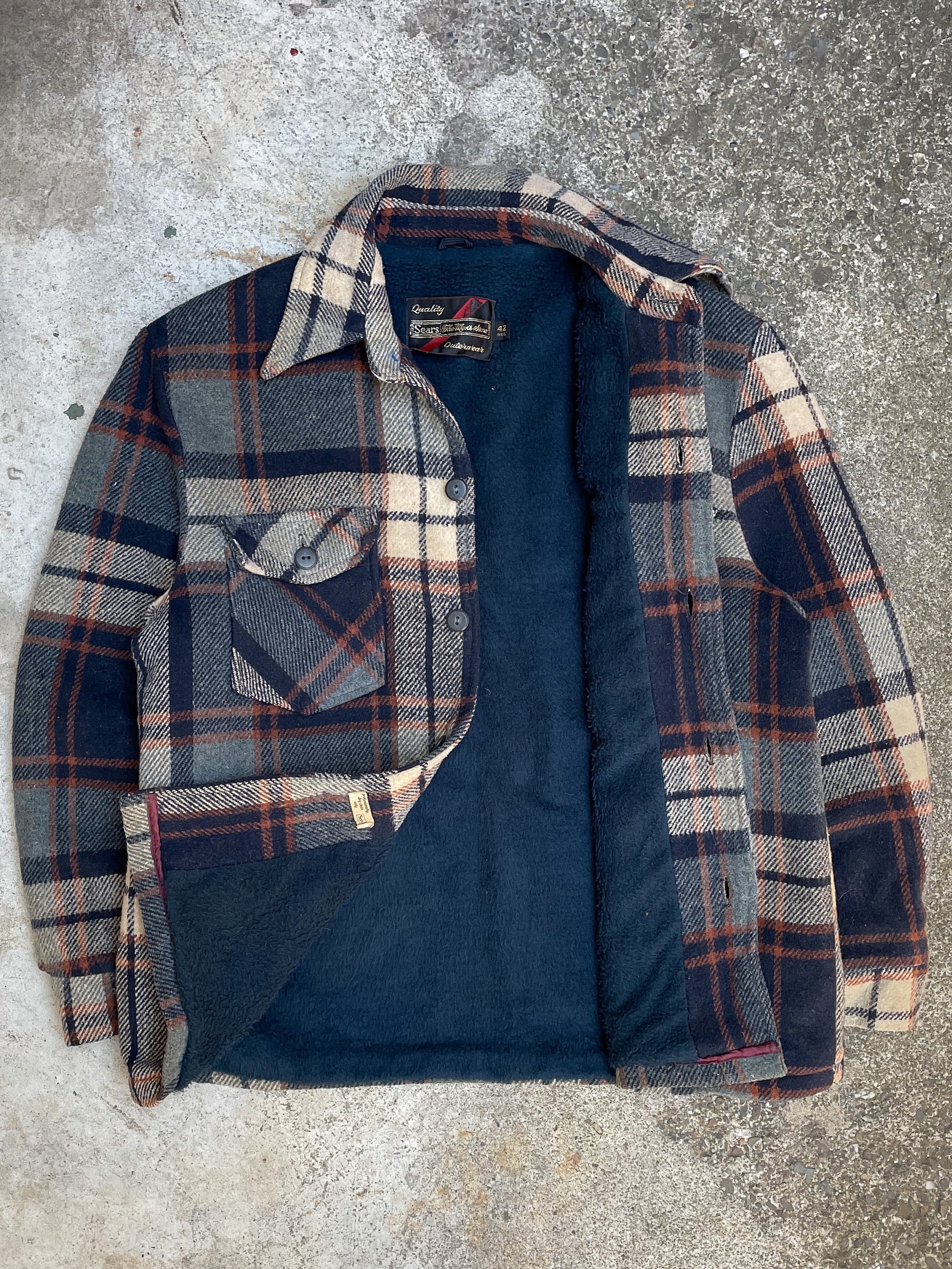 1970s Navy and Cream Fleece Lined Flannel