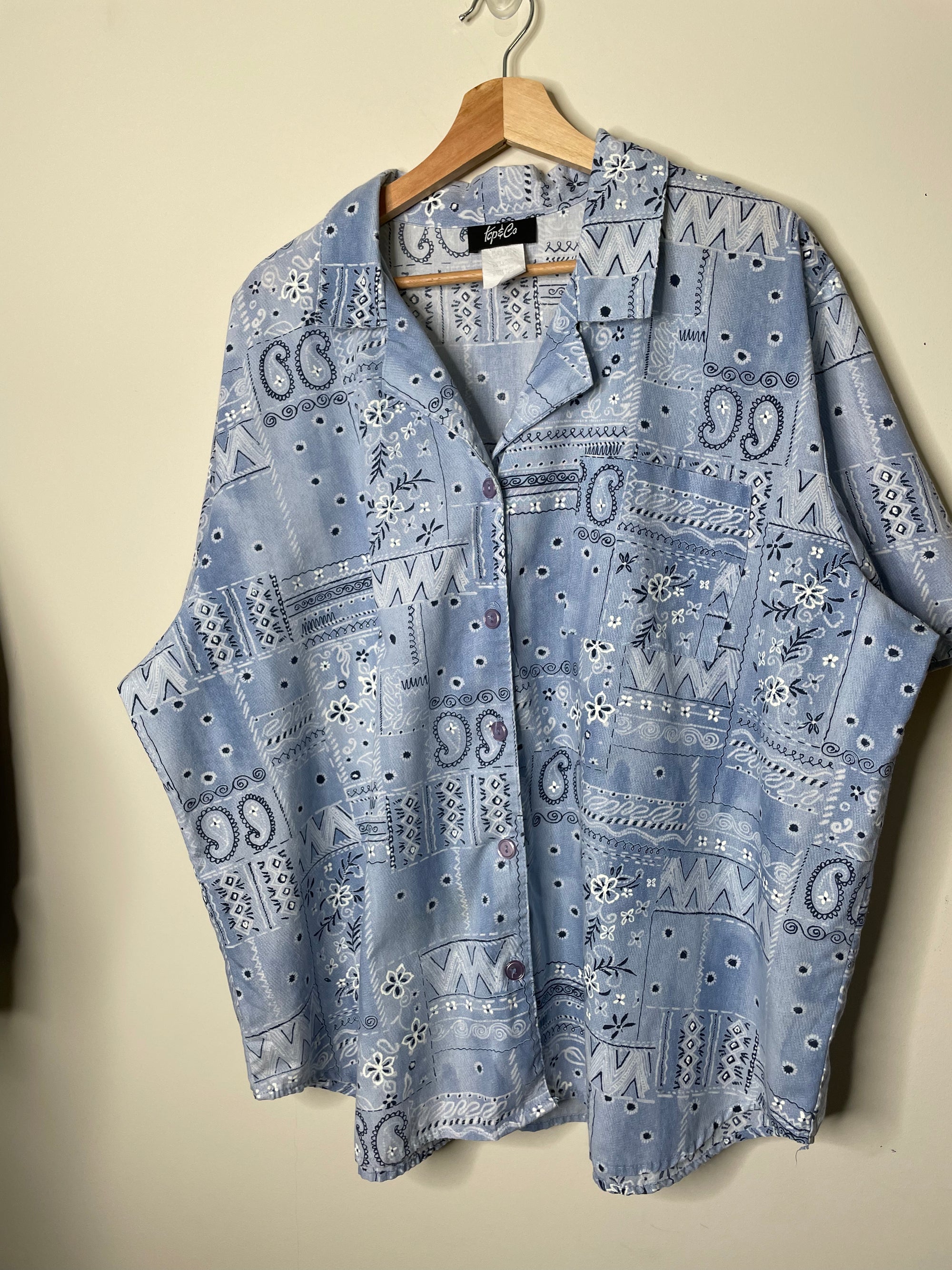 1980s Blue Paisley Boxy Camp Collar Shirt (XL)