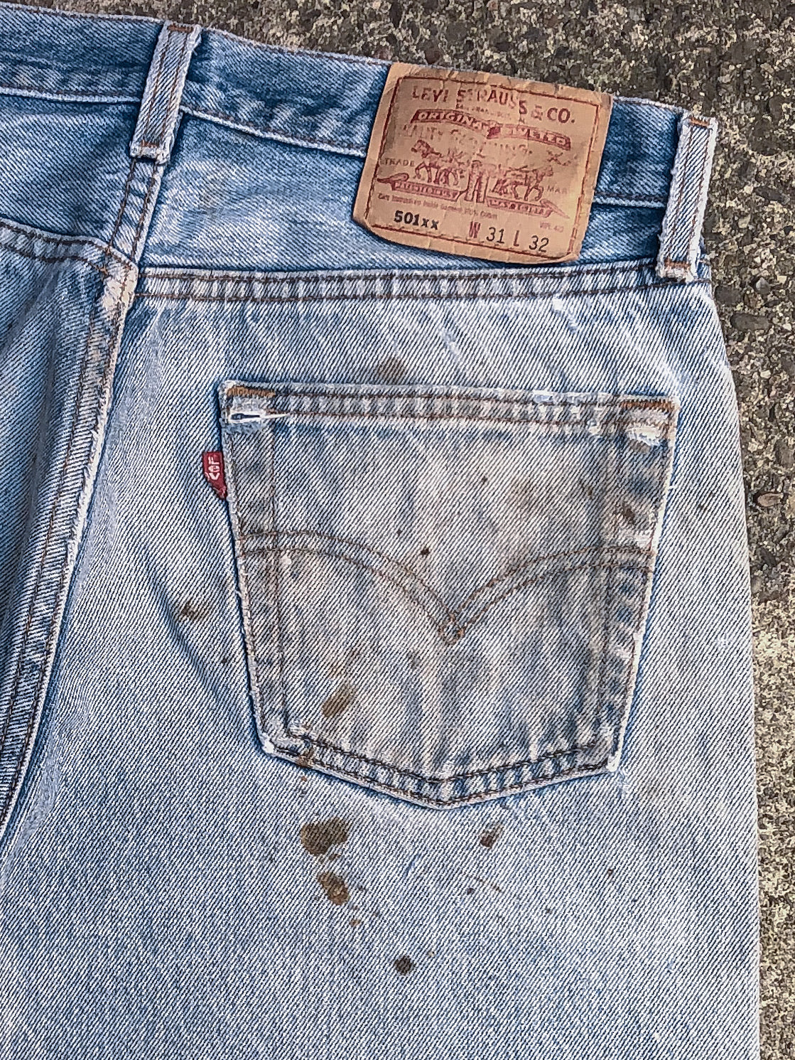 1990s Levis Distressed Heel Bite Blue 501XX (29X29)