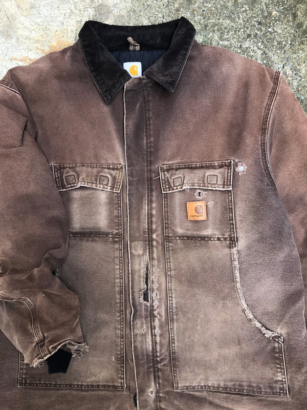 1990s Carhartt Faded Dark Brown Quilted Arctic Jacket (XXL)