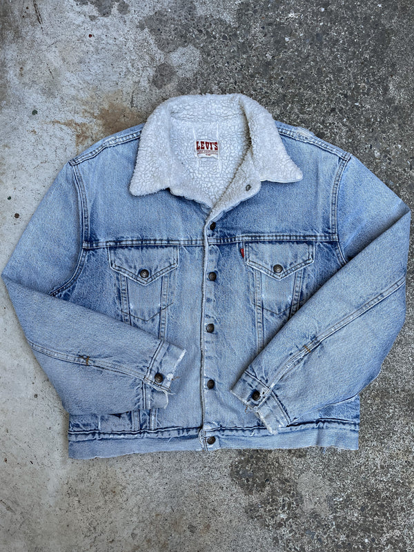 1980s Levi’s Distressed Faded Blue Sherpa Denim Jacket