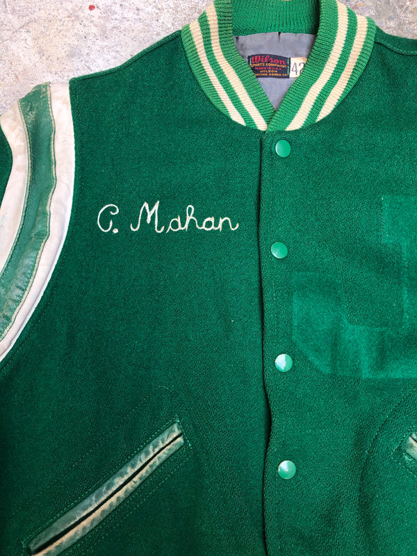 1960s Wilson Chain Stitch Green Wool Varsity Jacket