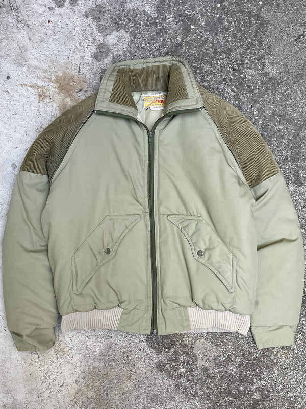 1970s Khaki Green Corduroy-Paneled Convertible Puffer Jacket (S/M)