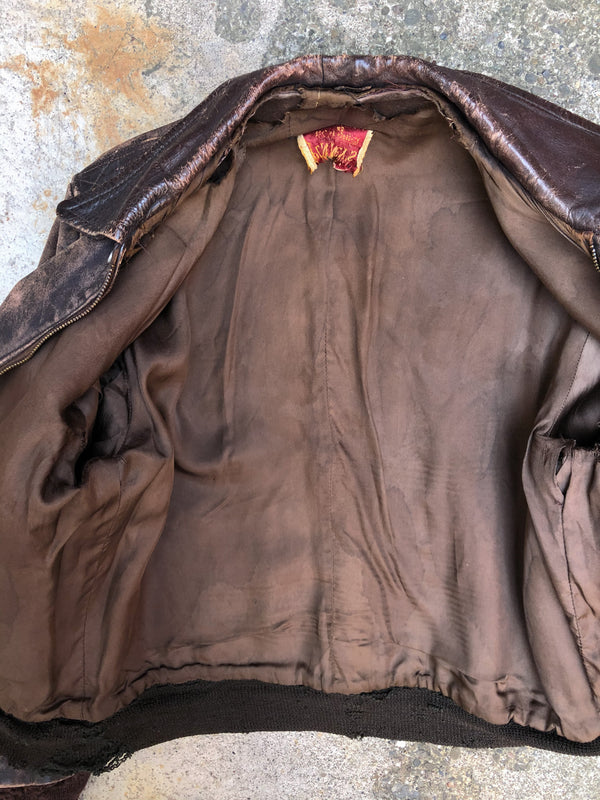 1950s Penney Distressed Faded Chocolate Brown Leather Jacket (M)