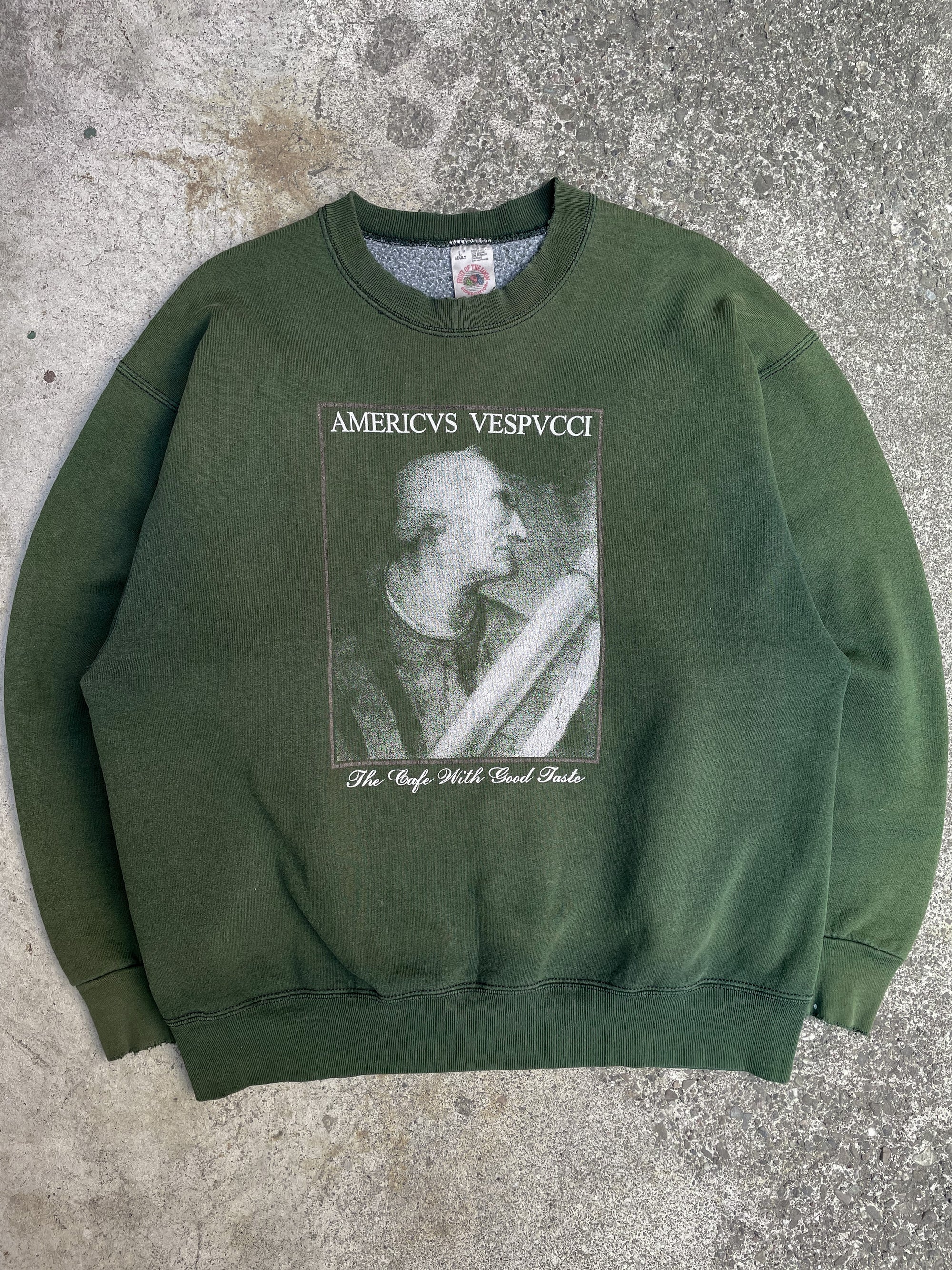 1990s Distressed Sun Faded Green “The Cafe With Good Taste” Sweatshirt