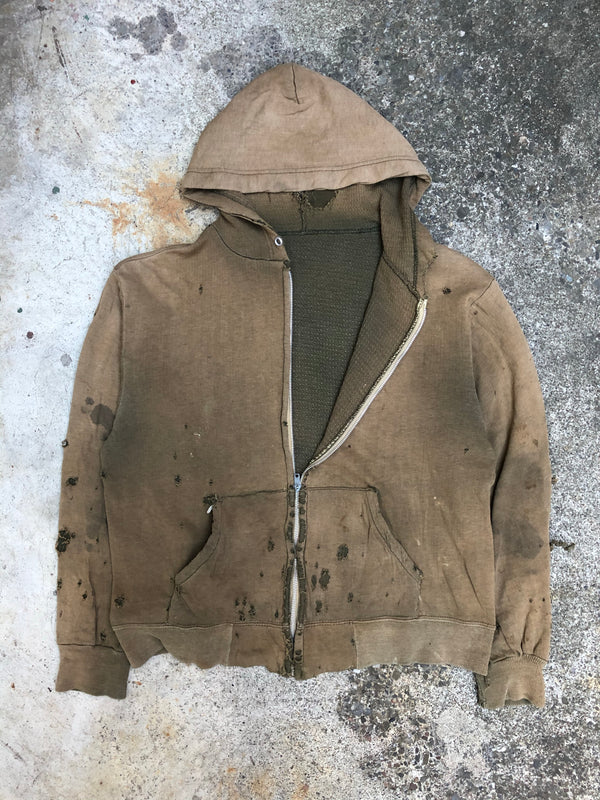 1950s/1960s Thrashed Sun Burnt Olive Thermal Zip Up Hoodie