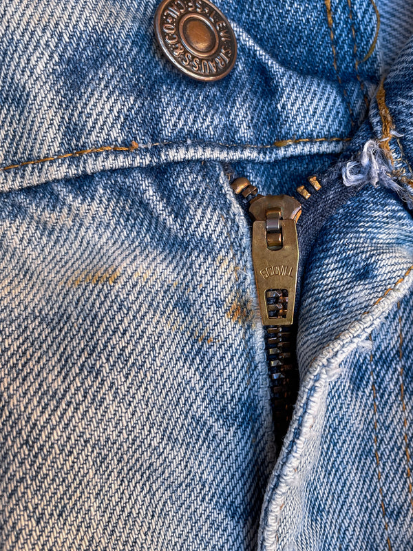 1980s Orange Tab Levi’s Distressed Blue Flared Denim Removed Pocket (38X28)
