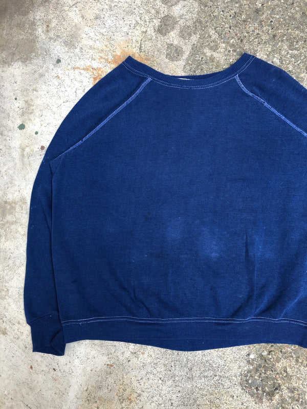 1970s Faded Blue Contrast Stitch Blank Raglan Sweatshirt