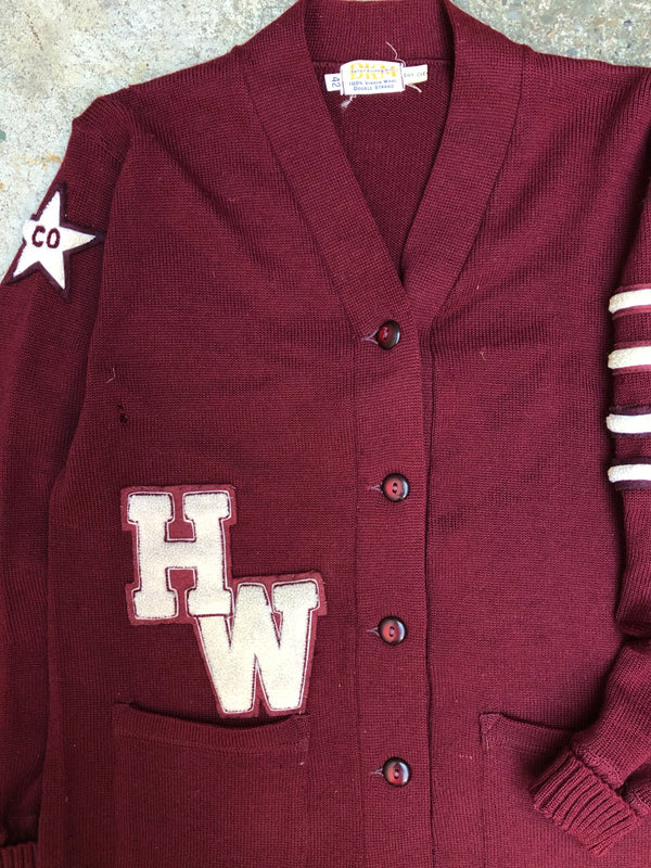 1980s Maroon Chain Stitch “Pioneers” Varsity Cardigan