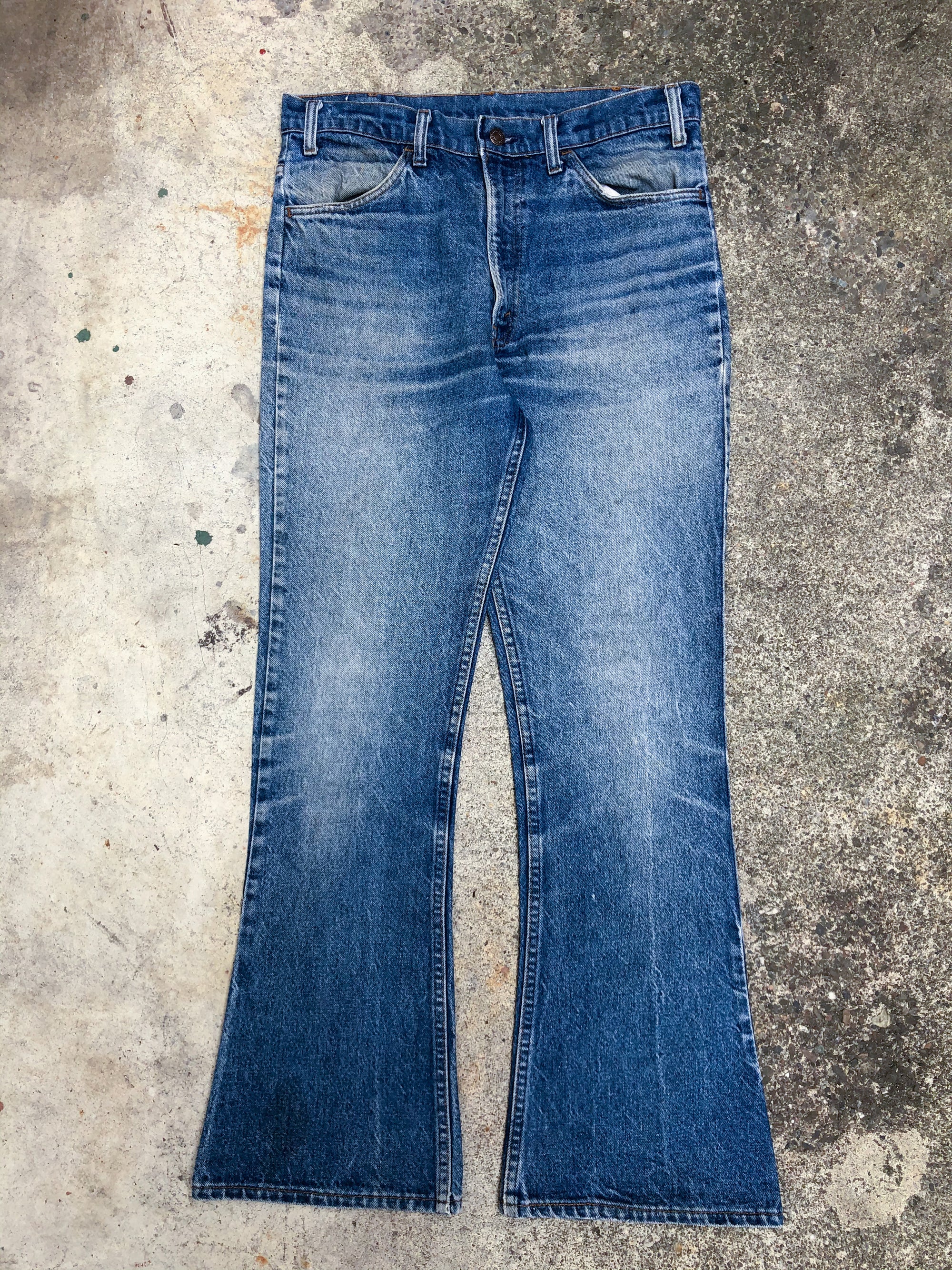 1970s Orange Tab Levis Worn In Blue Flare Denim (32X30)