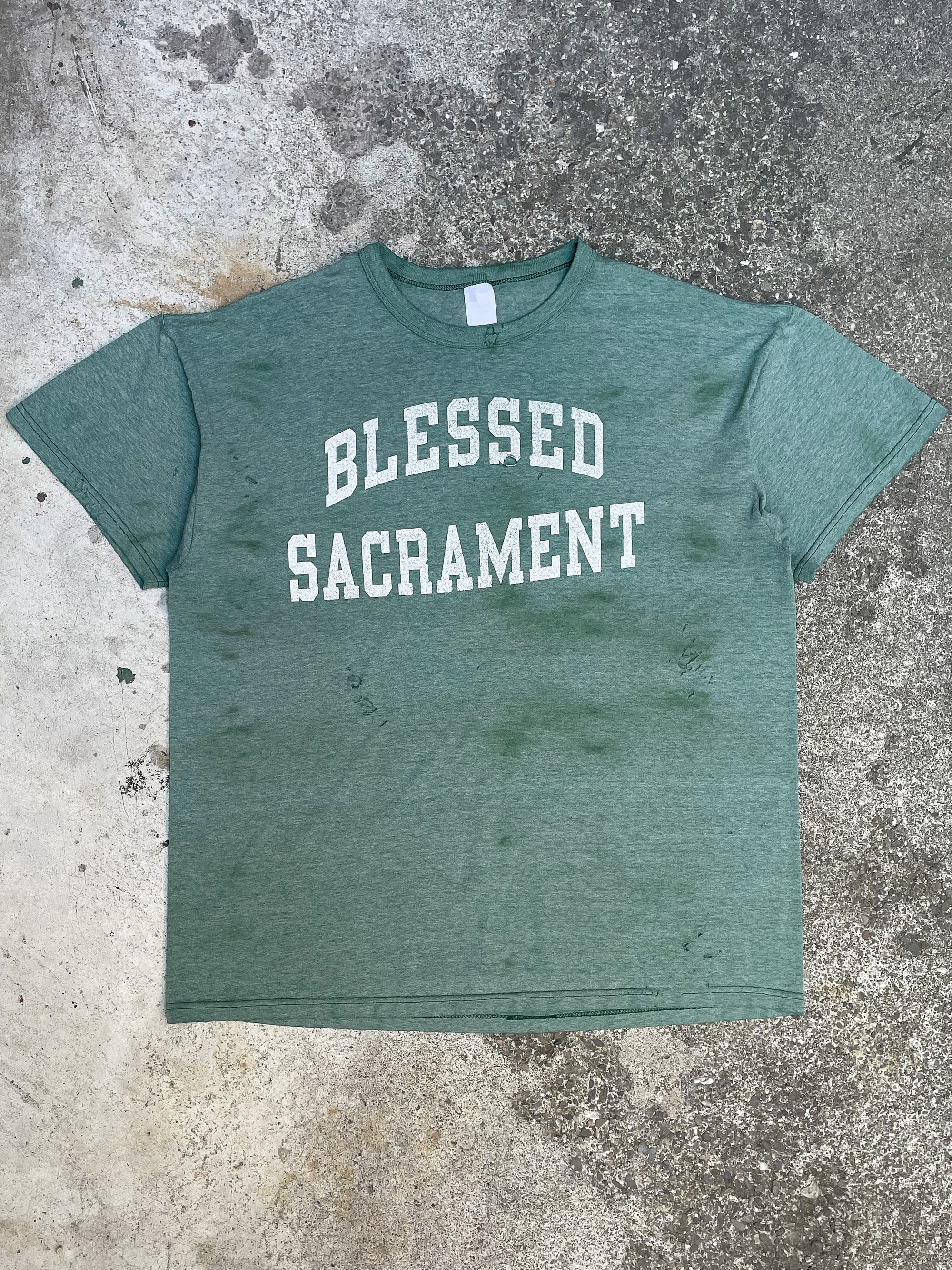 1990s Russell “Blessed Sacrament” Faded Green Tee (L)