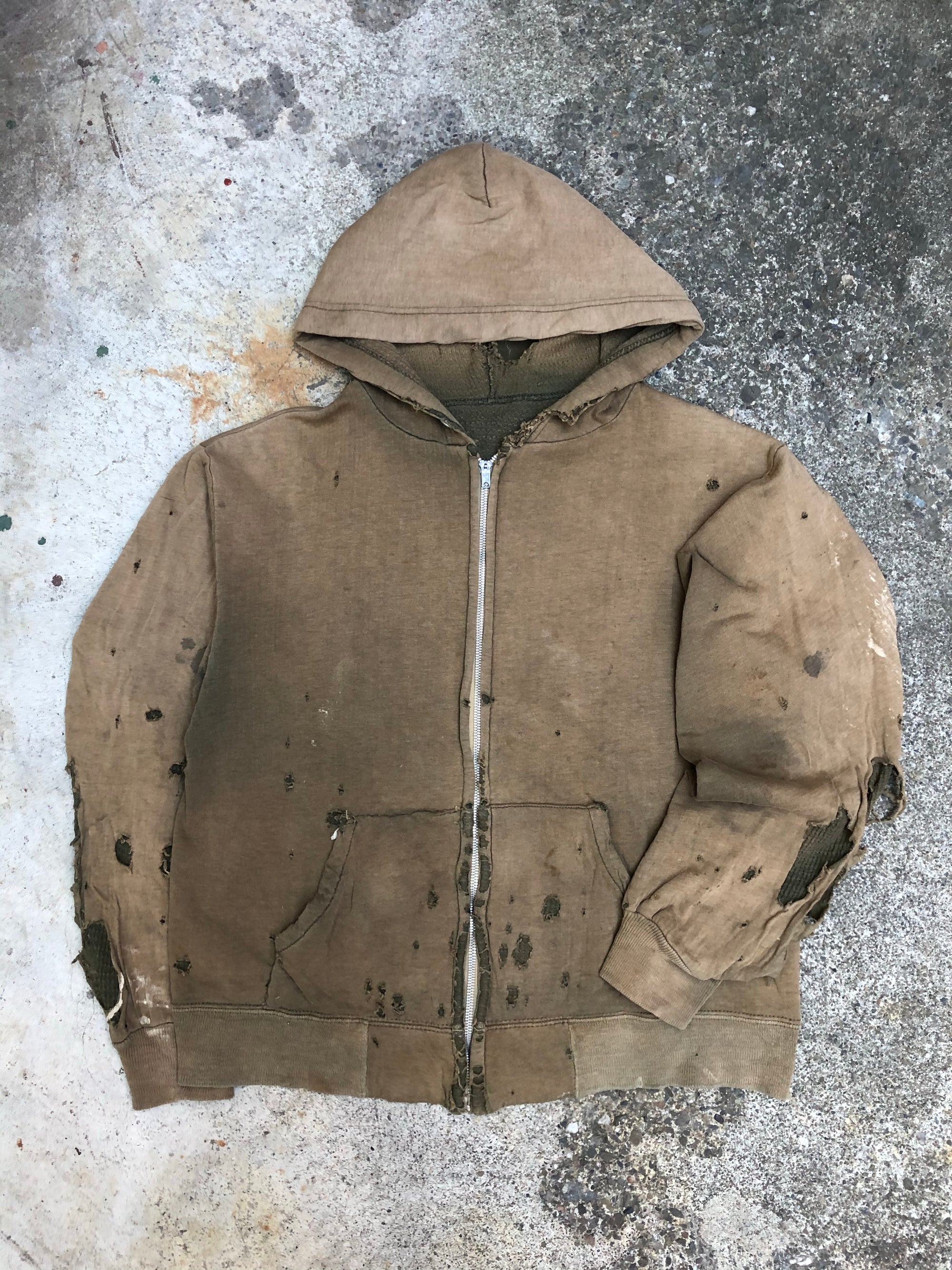 1950s/1960s Thrashed Sun Burnt Olive Thermal Zip Up Hoodie