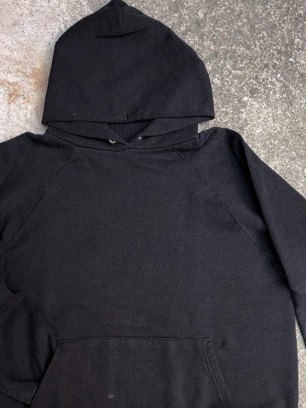 1990s Faded Black Blank Raglan Hoodie Sweatshirt (M/L)