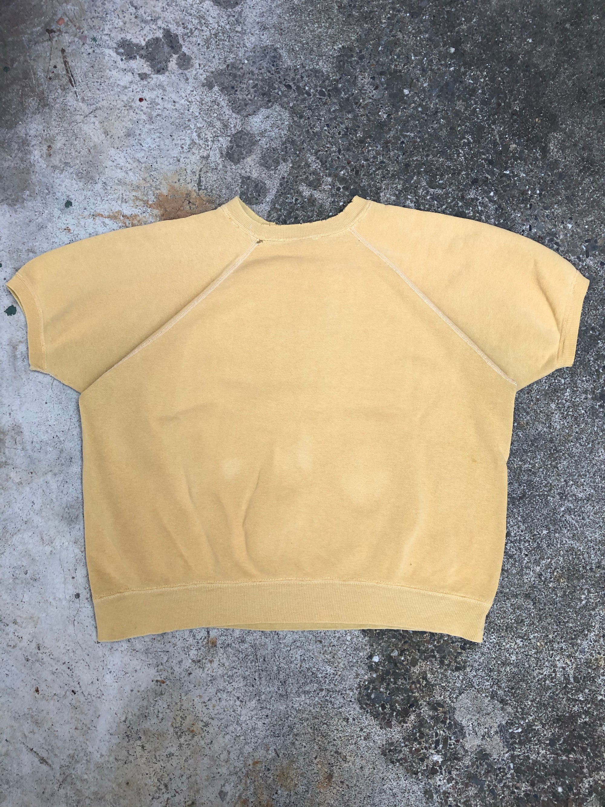 1960s Faded Painted Yellow “Cal State Hayward” Short Sleeve Raglan Sweatshirt