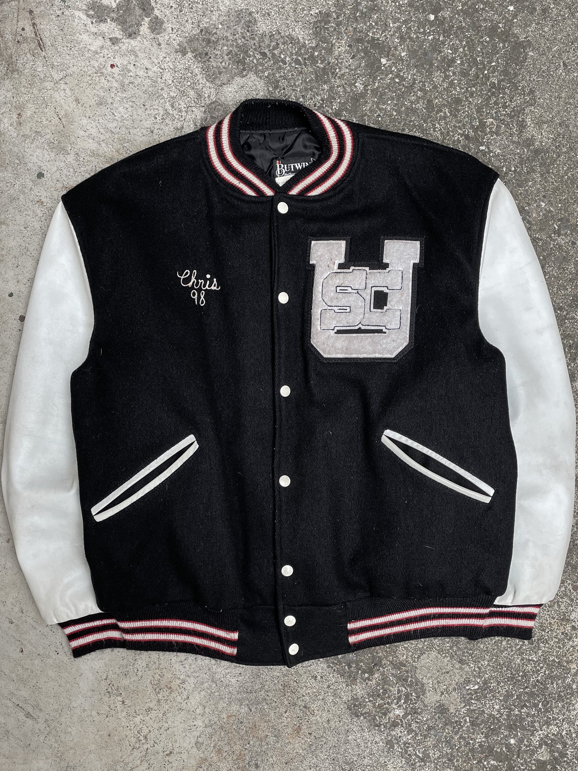 1990s “Chris” Chain Stitched Black Varsity Jacket (XL)