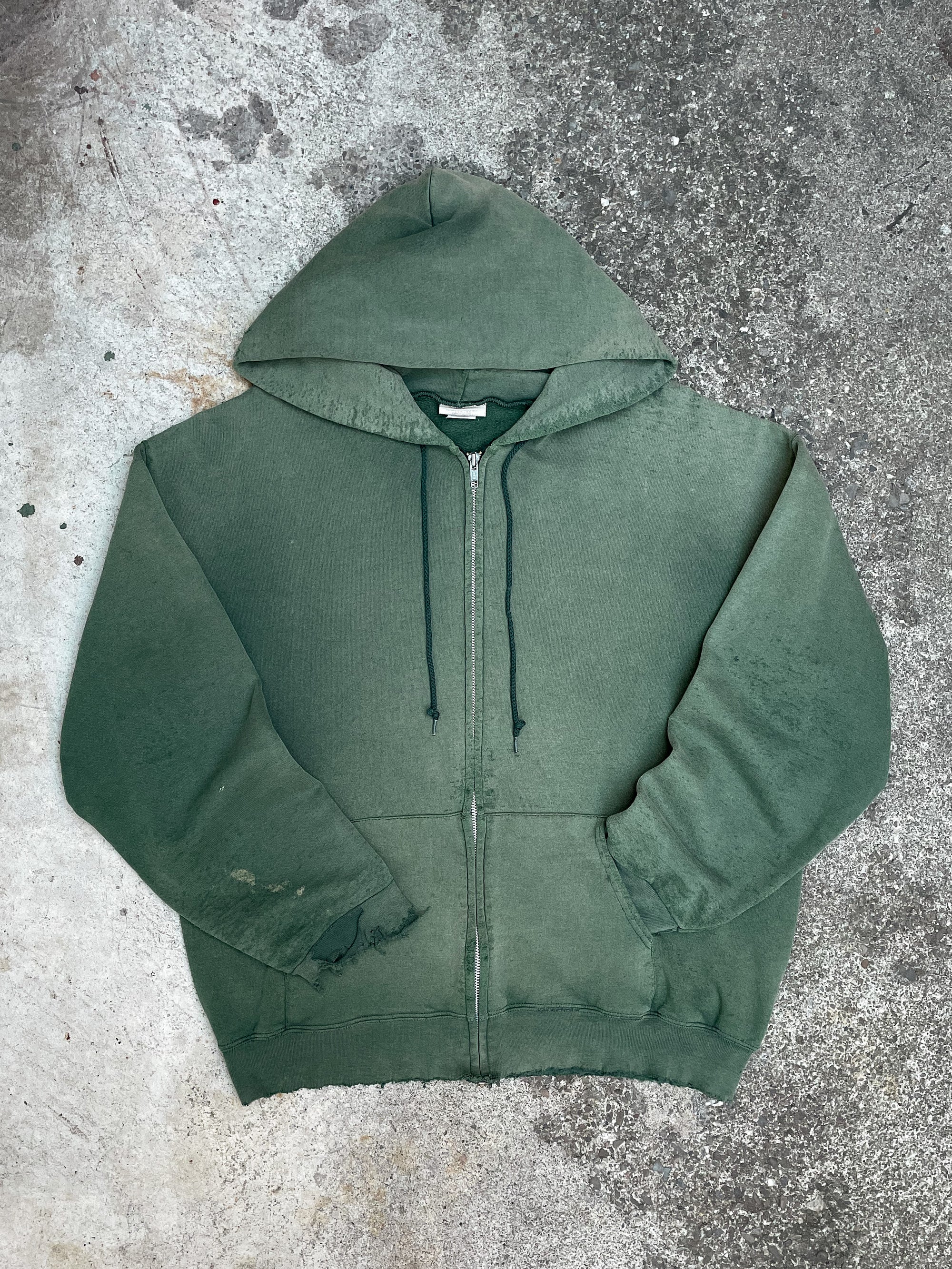 1990s Distressed Sun Faded Green Zip Up Hoodie (L)