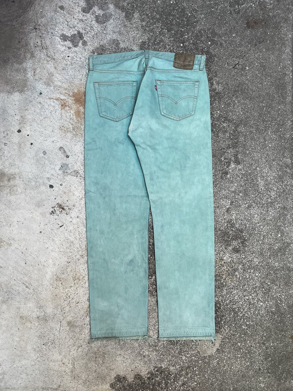 1990s Levi’s Faded Green Blue Overdye 501 Released Hem (34X31)