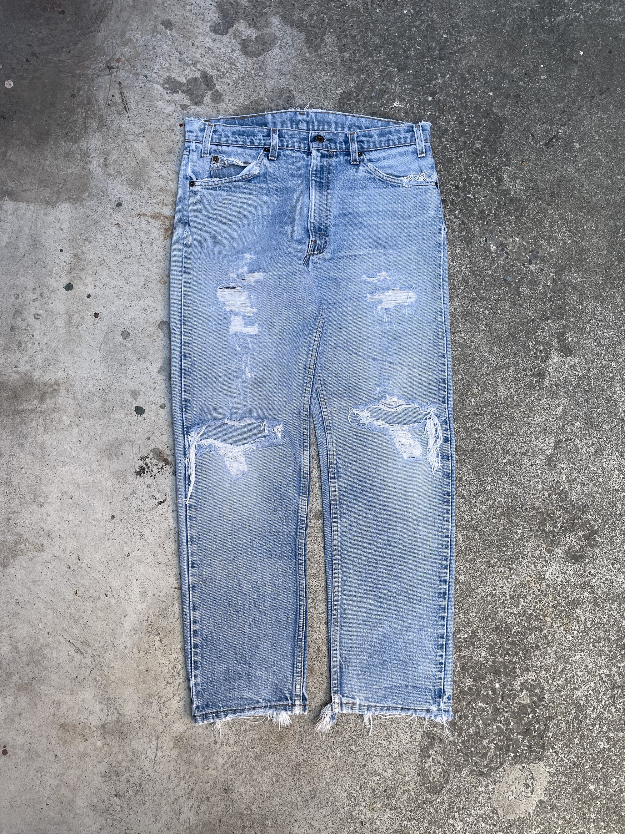 1980s Orange Tab Levis Distressed Faded Blue 505 Talon Zip (33X27)